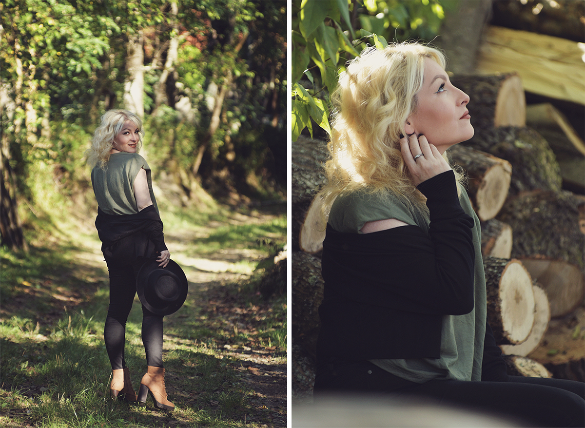 nature fairy, autumn look, black hat, green crop top, black nails, snake silver ring, black jeans, black cardigan, brown lace boots, curly blonde hair, back to nature