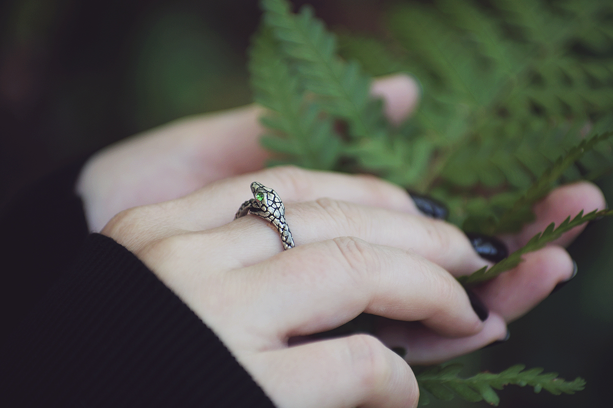 nature fairy, autumn look, black nails, snake silver ring, back to nature, fern twig