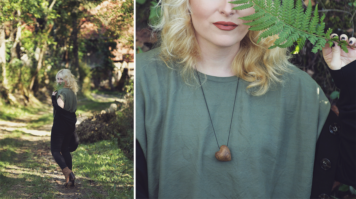 nature fairy, autumn look, black hat, green crop top, wood heart pendant, black nails, snake silver ring, black jeans, black cardigan, brown lace boots, curly blonde hair, back to nature