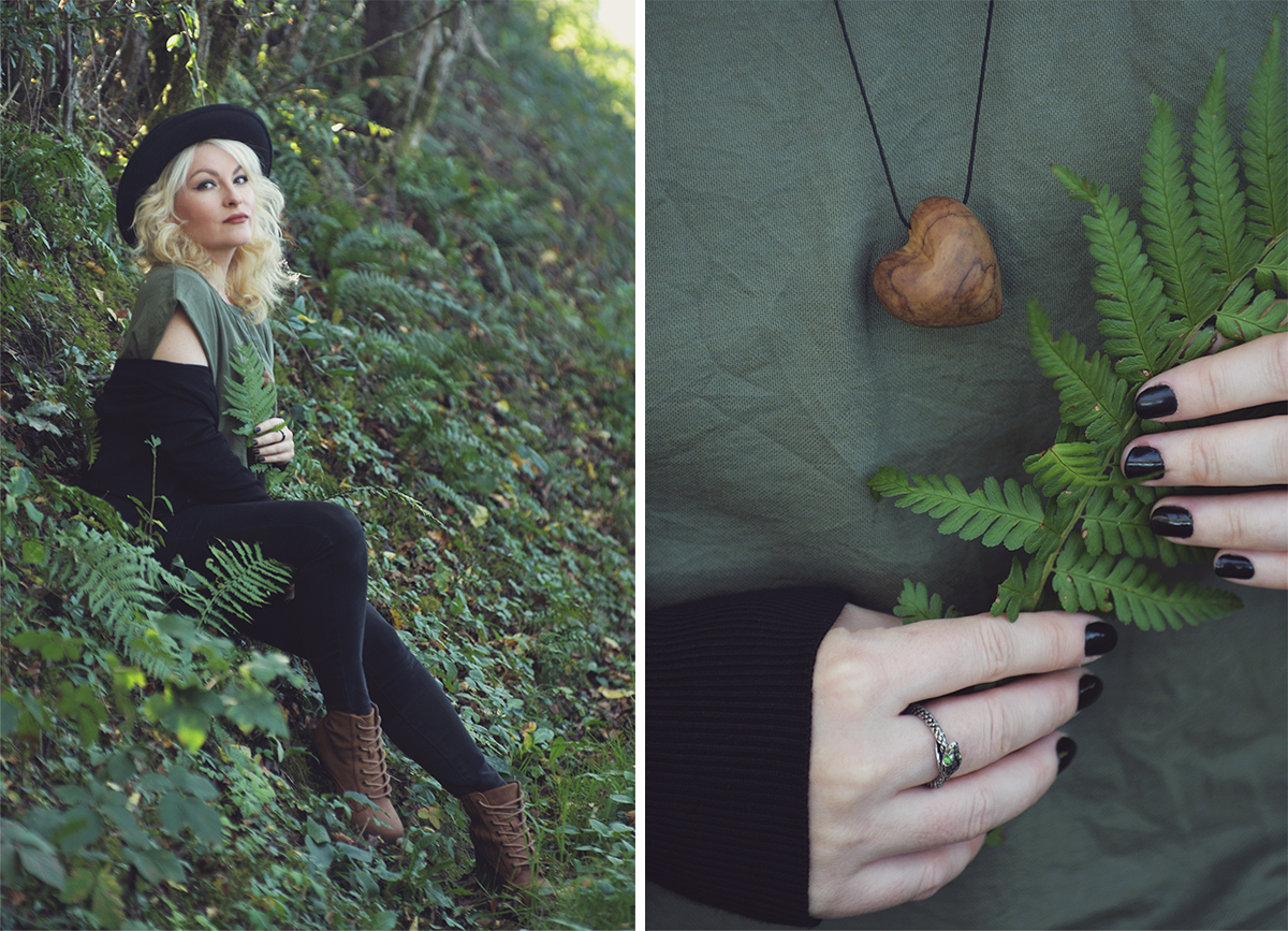 nature fairy, autumn look, black hat, green crop top, wood heart pendant, black nails, snake silver ring, black jeans, black cardigan, brown lace boots, curly blonde hair, back to nature