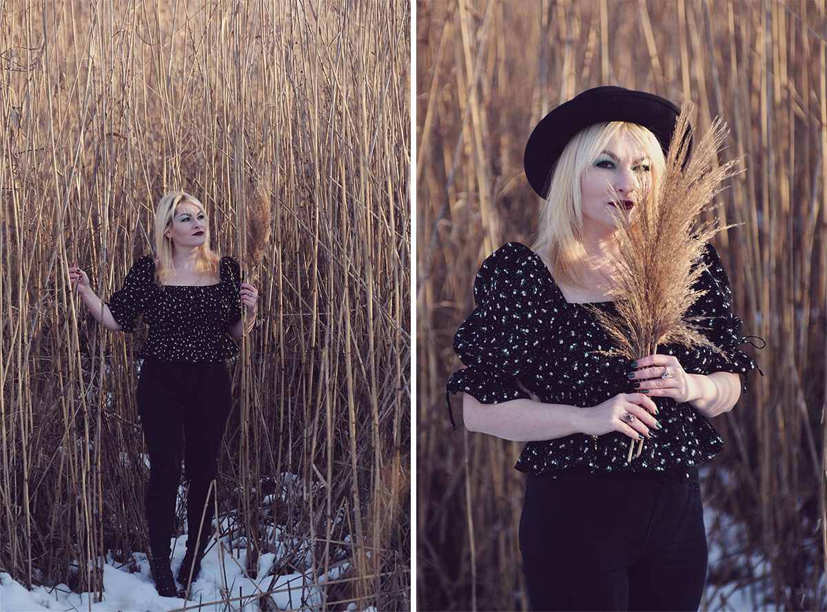 winter fashion, alternative fashion, goth make-up, floral crop top, long blonde hair, Altercore boots, black hat