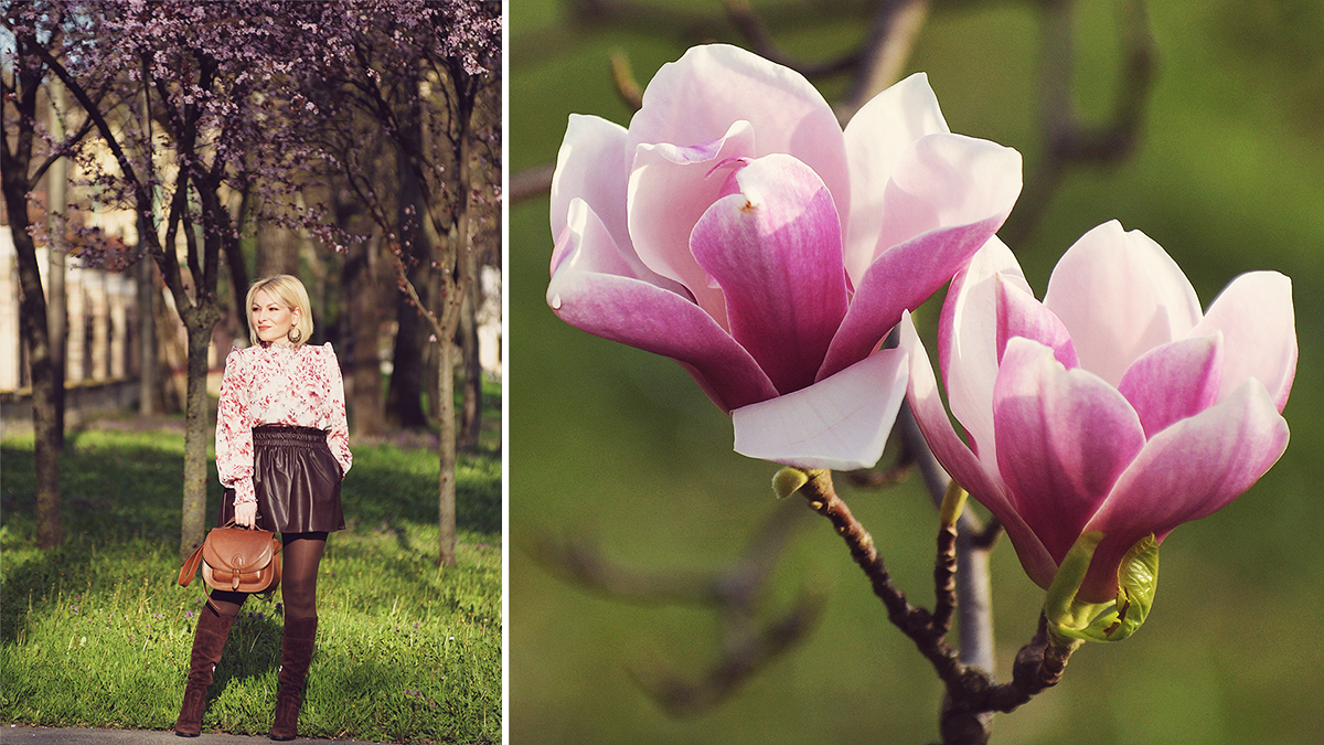 spring look, leather skirt, magnolia flower