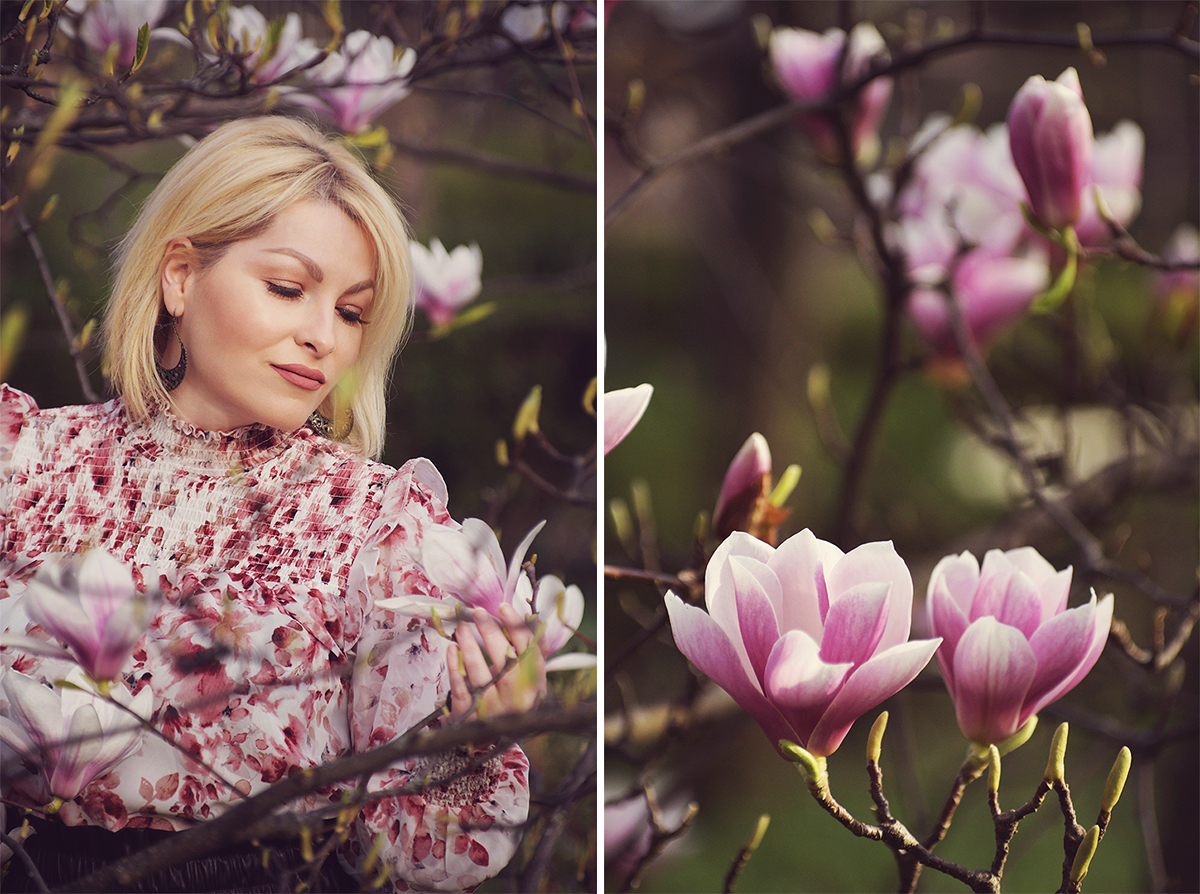 spring look, spring make-up, pink magnolia tree