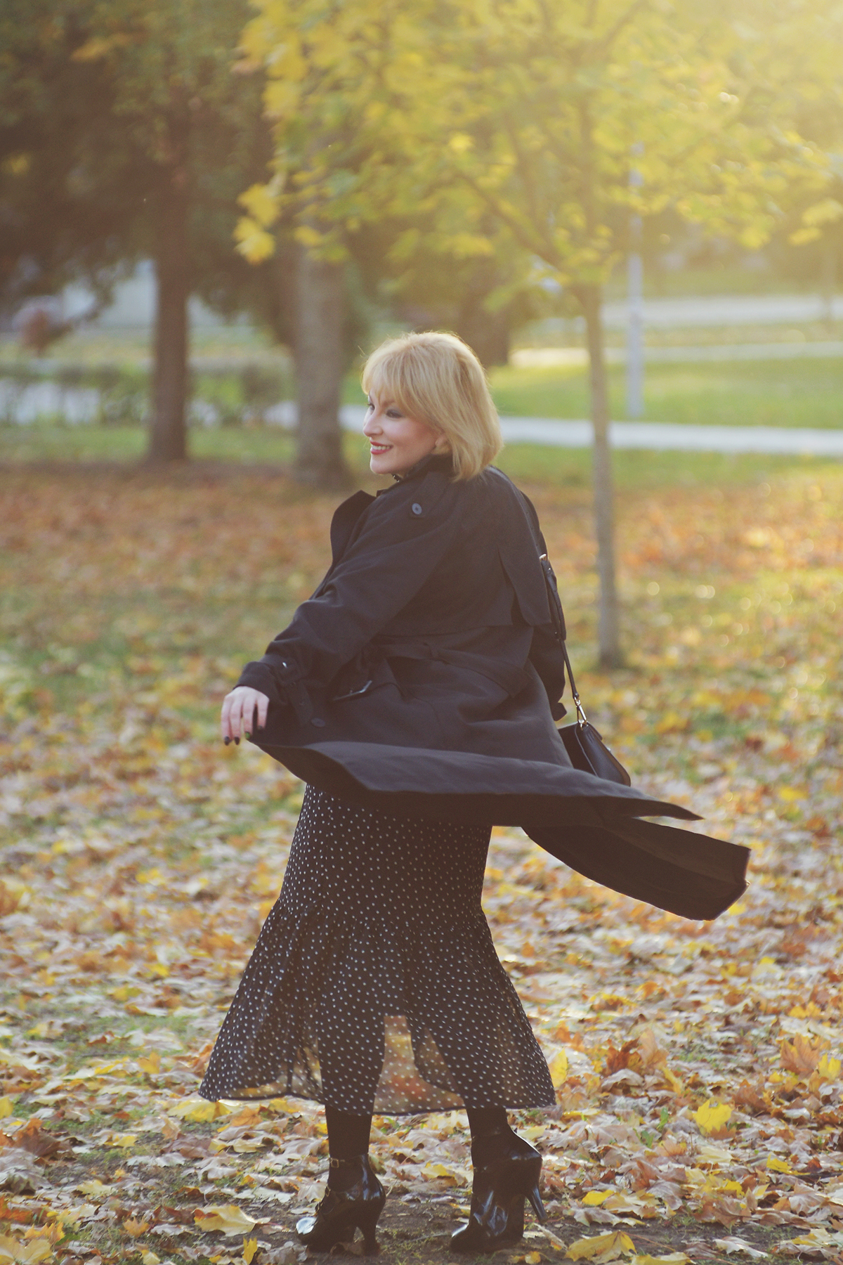 All Black Autumn Outfit Look with Black Polka Dot Dress