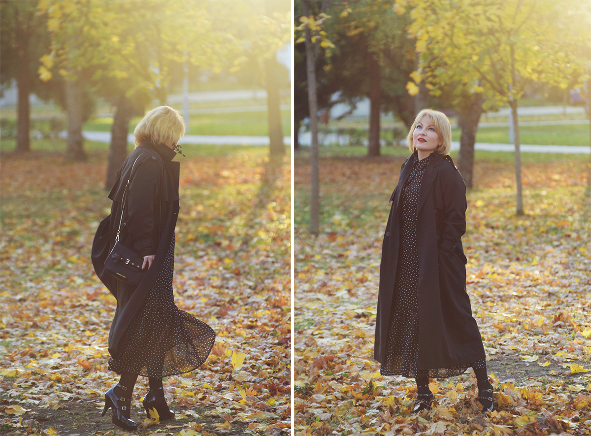 All Black Autumn Outfit Look with Black Polka Dot Shirt Dress