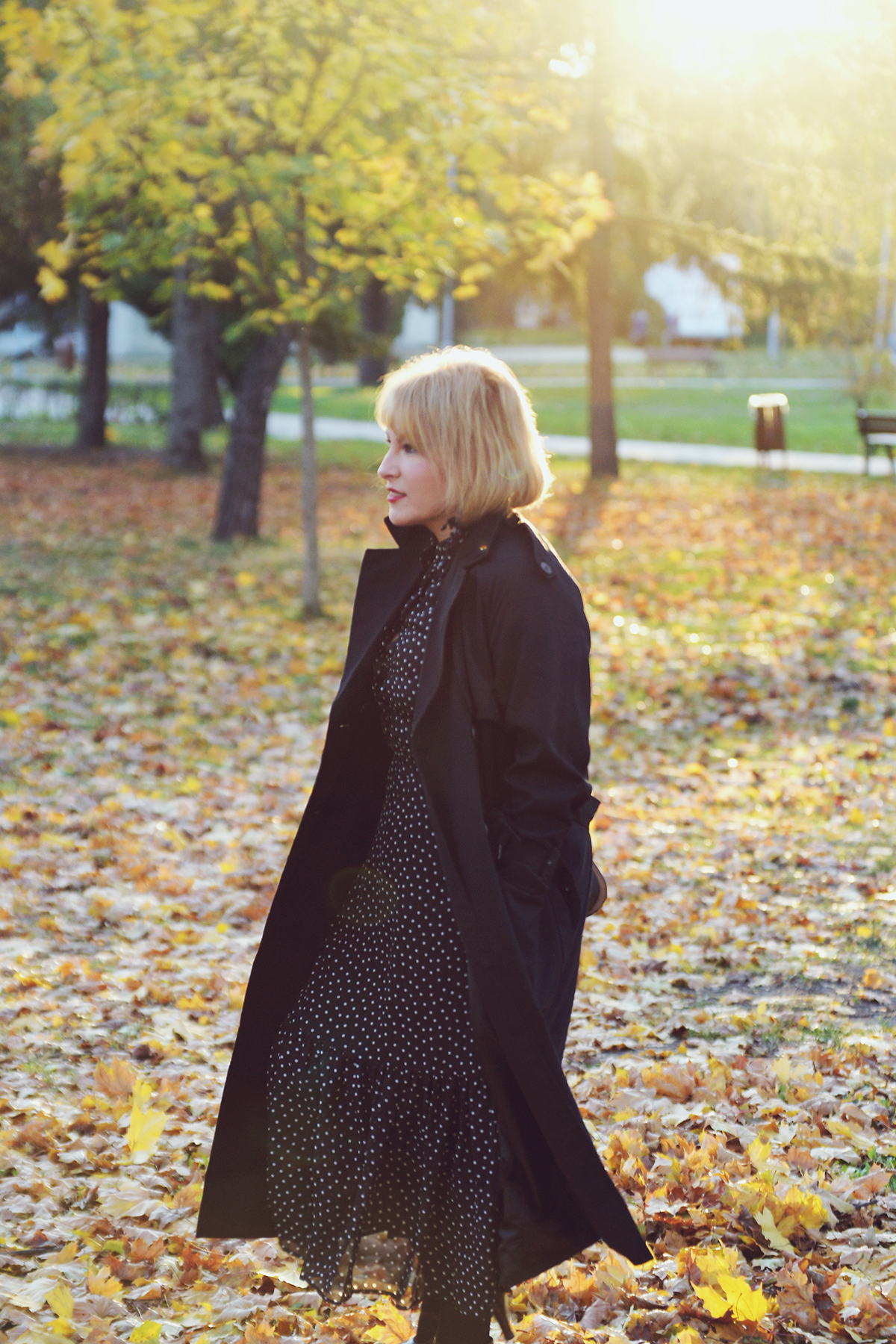 All Black Autumn Outfit Look with Long Polka Dot Dress