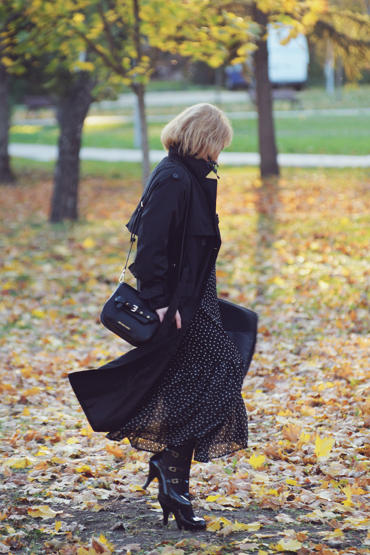 All Black Autumn Outfit Look with Polka Dot Dress