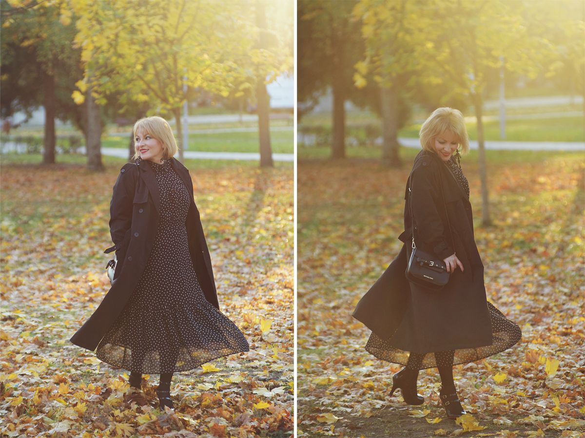 All Black Autumn Outfit Look with Polka Dot Shirt Dress