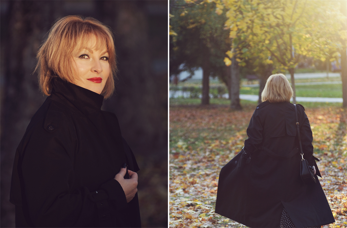 All Black Autumn Outfit with Navy Long Trench Coat